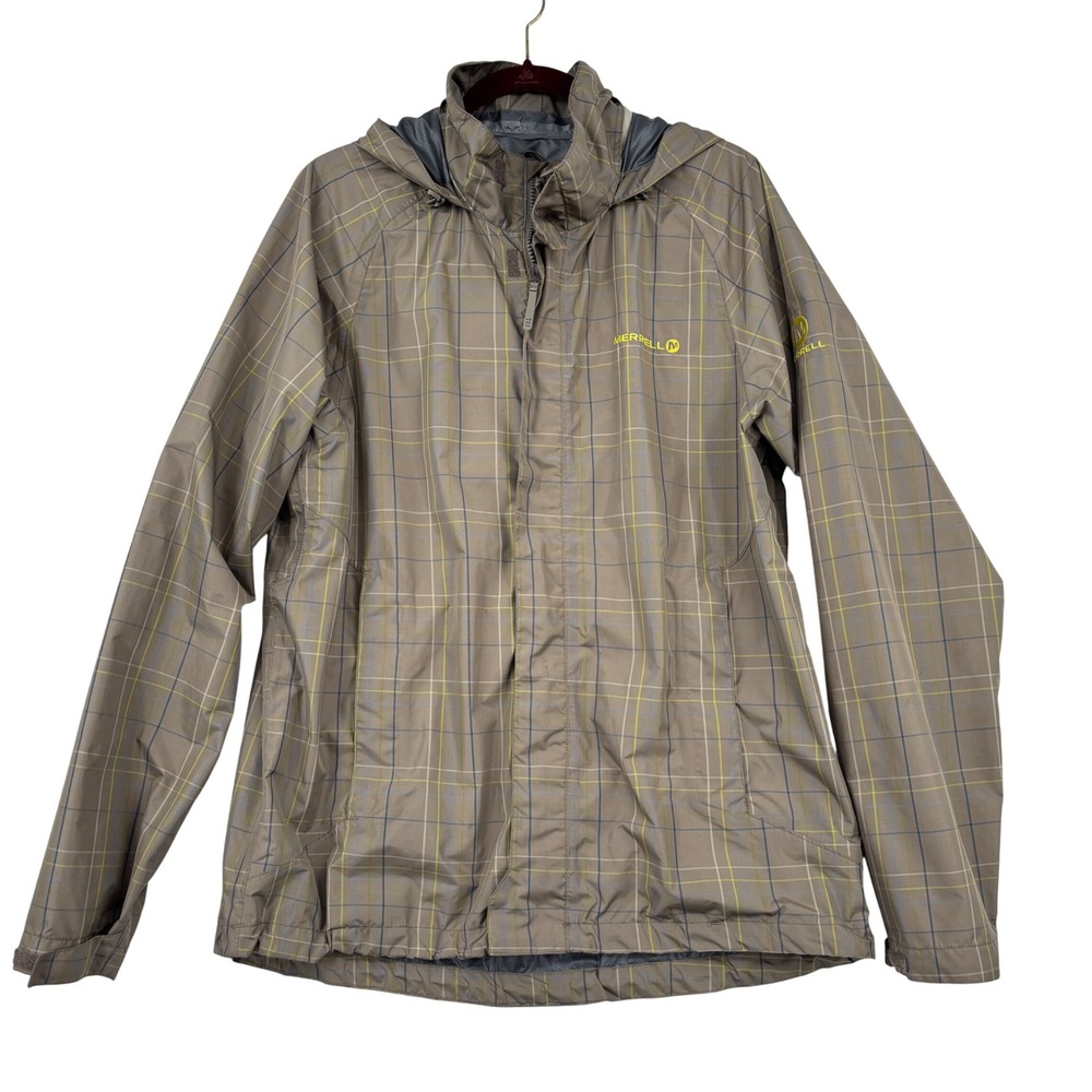 Merrell Opti-Shell Rain Jacket Men Large Brown Plaid Hooded Waterproof Packable